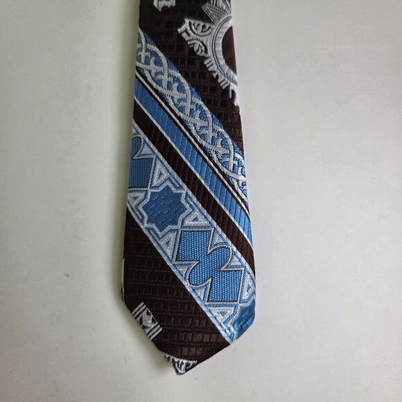 Oscar de la Renta Brown Blue Geometric Tie 4" Wide Vintage Polyester - Picture 5 of 7